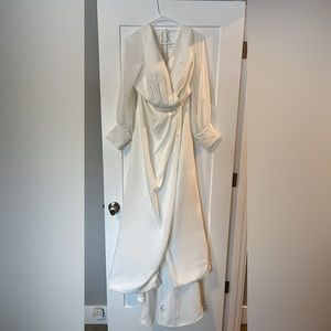 NWOT Satin Backless Gown w/ Sheer Sleeves & Tie Closure in Back, Sz 12